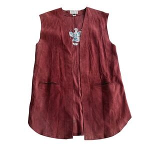 French Creek VTG Suede Leather Long Open Vest‎ Owl Embroidery Wine Red S